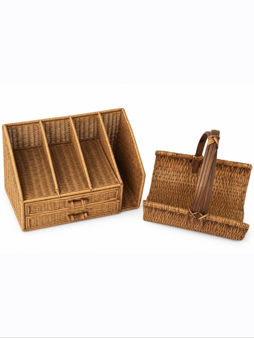 Vintage Rattan Organizer With Wooden Drawers & Rattan Gathering Basket